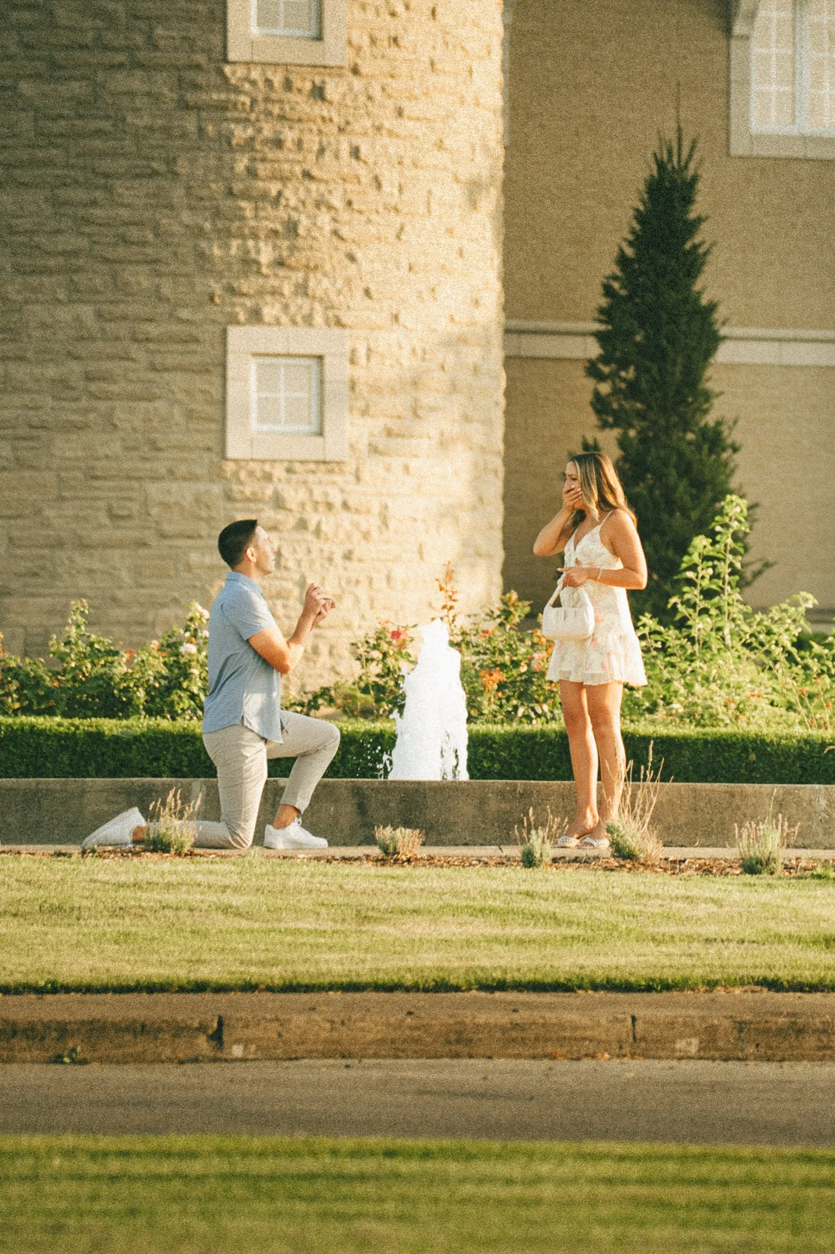 Donald down on one knee by the rose beds at Château des Charmes as Ashley brings a hand to her mouth, by AD Photography