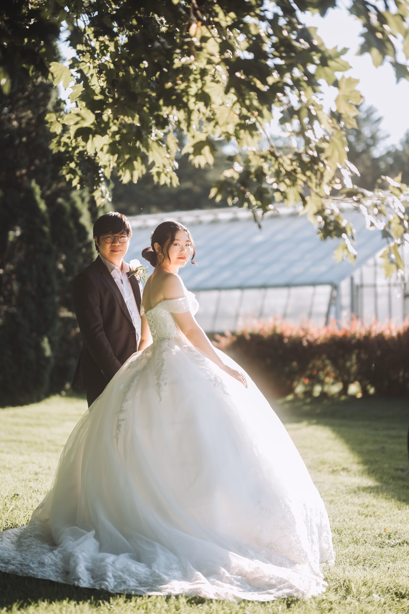 Karen and Micheal in warm sun flare in front of the Botanical Gardens greenhouse in Niagara Falls, by AD Photography