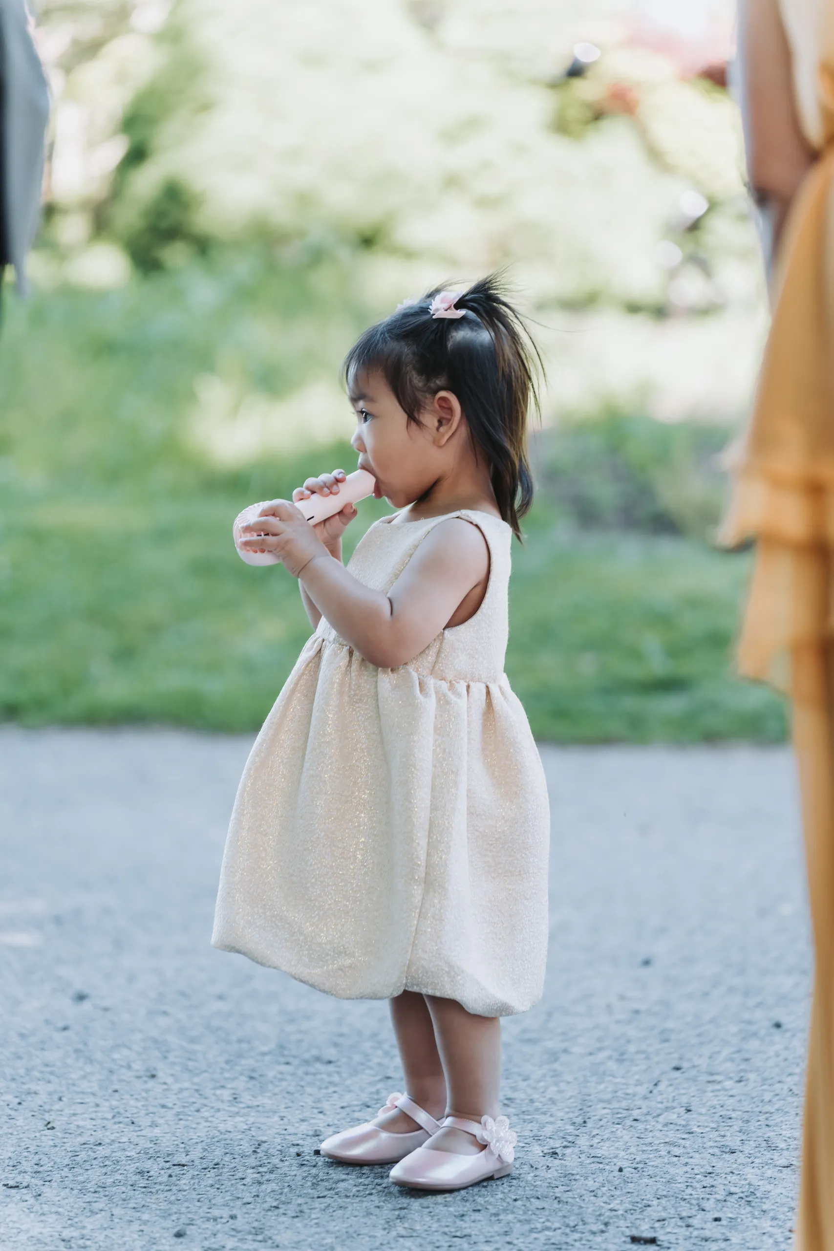 The flower girl caught mid snack on the garden path before the ceremony in Niagara Falls, by AD Photography