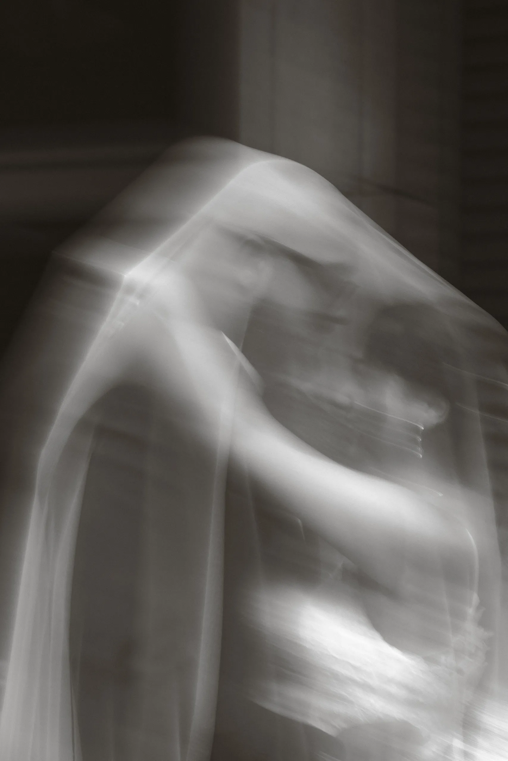 Abstract motion blur of the newlyweds through the veil, by AD Photography