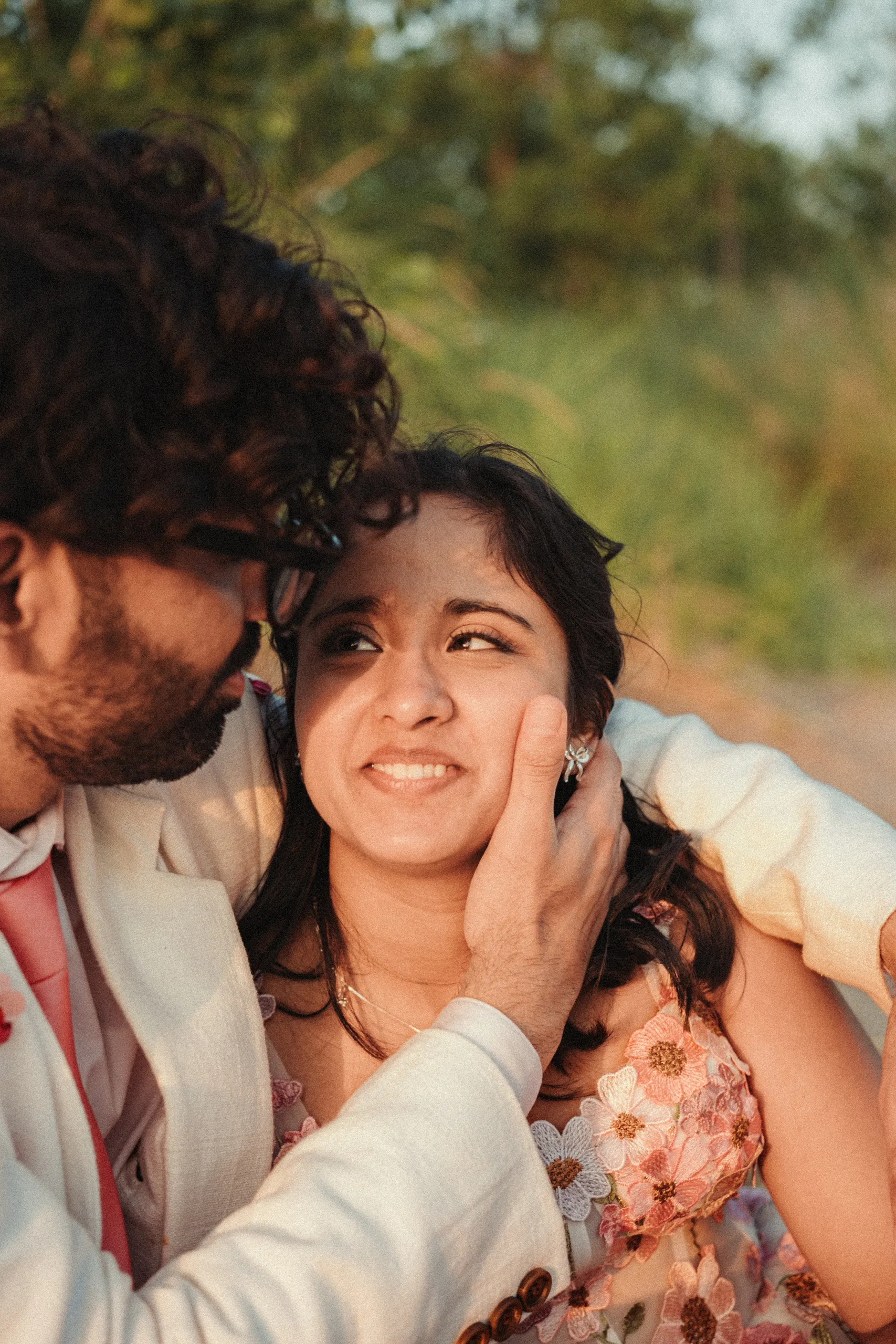 Harsh cupping Payal's face on the dune path at golden hour, Toronto Islands, by AD Photography