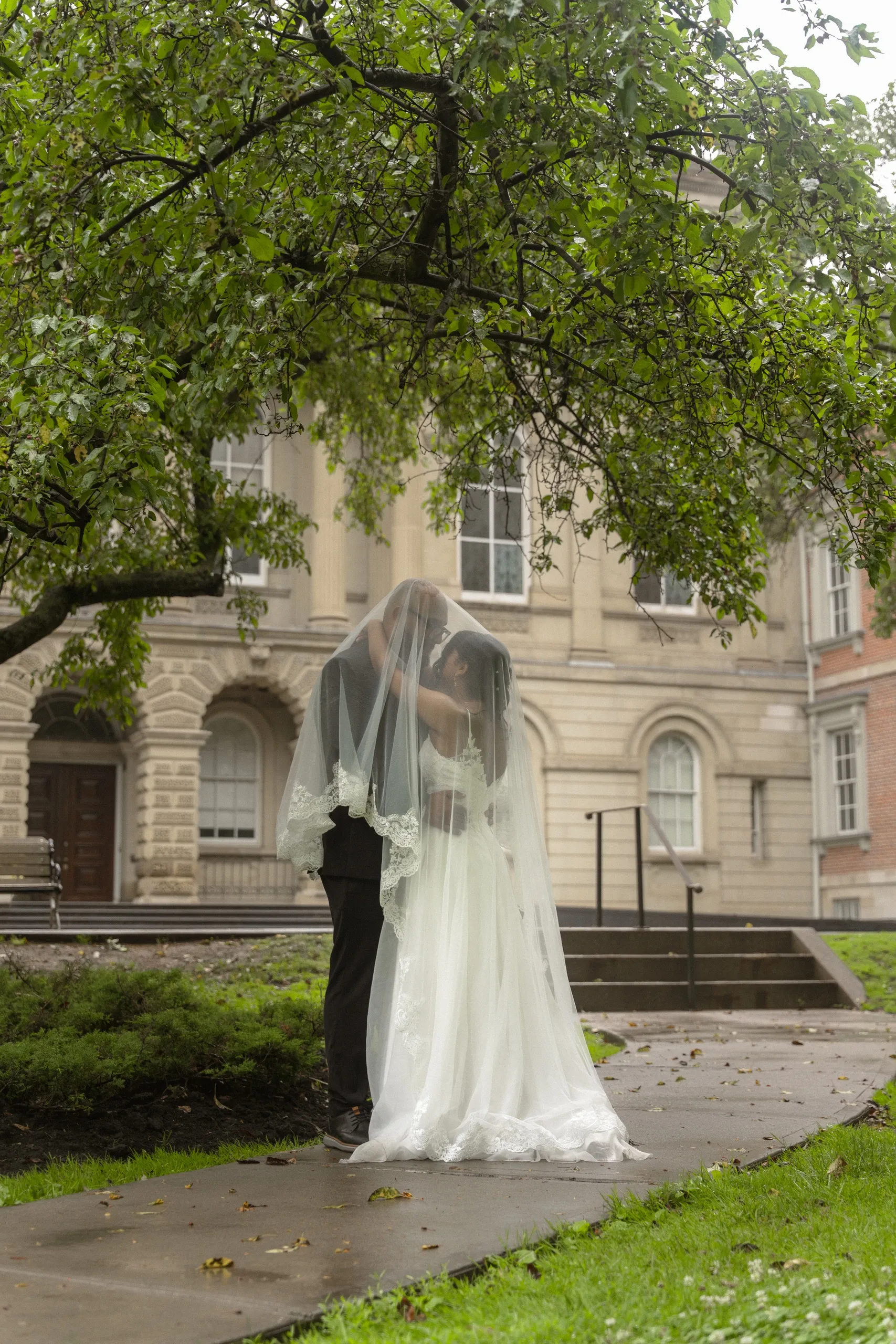 The couple kiss under the veil beneath a tree at Osgoode Hall, by AD Photography